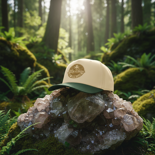 A cream and forest green baseball cap with a circular embroidered logo on the front, resting on a crystal cluster in a mossy forest setting.