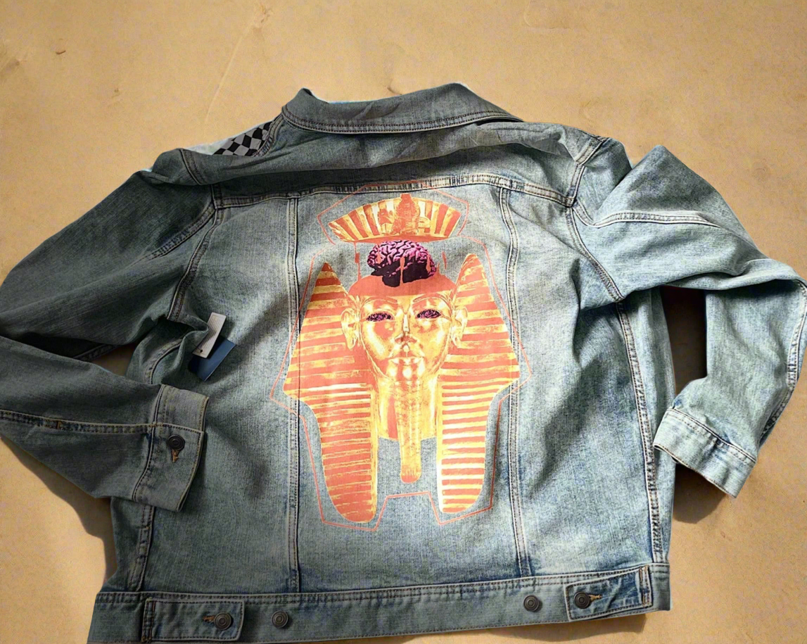 Pharaoh Custom Jean Jacket - Premium Jean Jacket from Litty Slumz - Just $85! Shop Now & Pay Later; Only Available For Clothing Apparels.