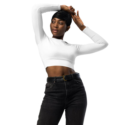 Recycled polyester crop top in white — front view with all-over print, double-layered waistband visible