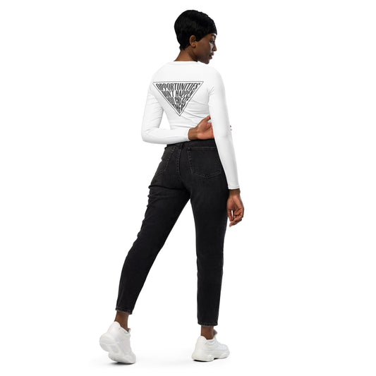 Eco-friendly long-sleeve crop top white — right-back angle showing raglan sleeve seam and cropped hem